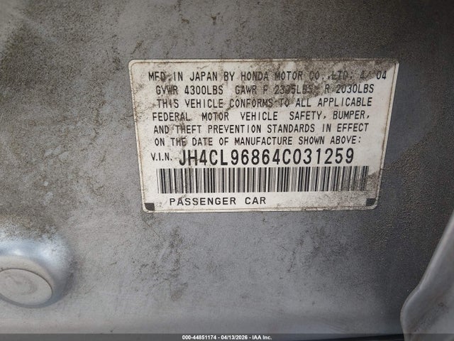 2004 Acura Tsx მანქანა იყიდება აუქციონზე, vin: JH4CL96864C031259, აუქციონის ნომერი: 44851174
