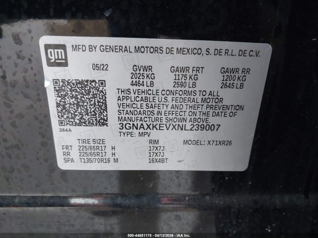 44851175 :رقم المزاد ، 3GNAXKEVXNL239007 vin ، 2022 Chevrolet Equinox Fwd Lt مزاد بيع