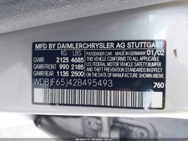 Продаж на аукціоні авто 2002 Mercedes-benz E 320 Special Edition, vin: WDBJF65J42B495493, номер лоту: 44851178