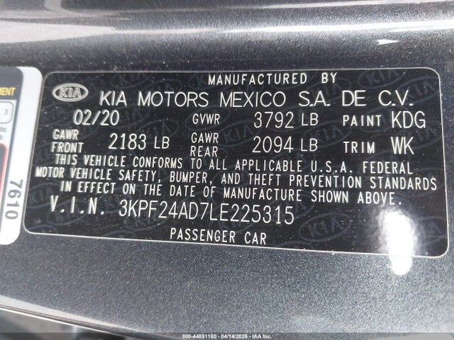 2020 Kia Forte Lxs მანქანა იყიდება აუქციონზე, vin: 3KPF24AD7LE225315, აუქციონის ნომერი: 44851180
