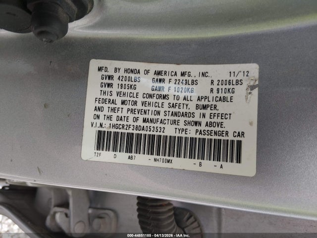 2013 Honda Accord Lx მანქანა იყიდება აუქციონზე, vin: 1HGCR2F38DA053532, აუქციონის ნომერი: 44851185