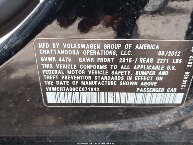 Продажа на аукционе авто 2012 Volkswagen Passat 2.5l Sel, vin: 1VWCH7A36CC071842, номер лота: 44851188