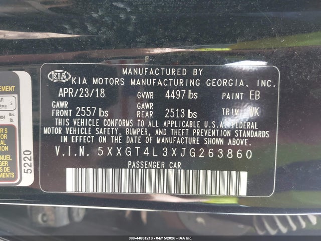 2018 Kia Optima Lx მანქანა იყიდება აუქციონზე, vin: 5XXGT4L3XJG263860, აუქციონის ნომერი: 44851210