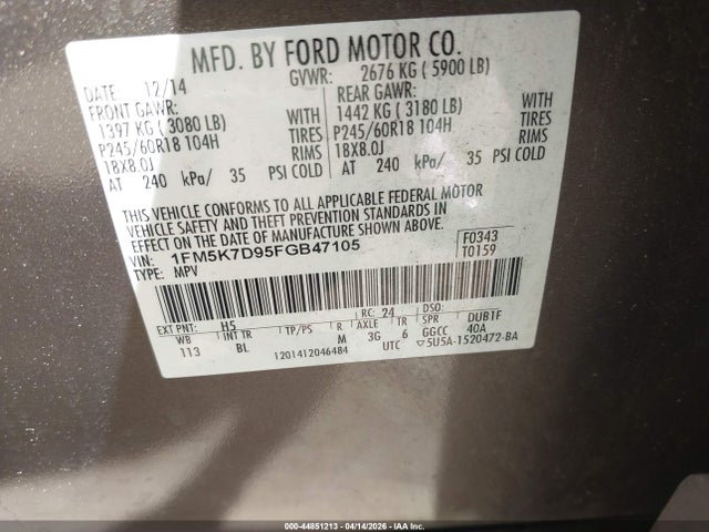 Aukcja sprzedaży 2015 Ford Explorer Xlt, vin: 1FM5K7D95FGB47105, numer aukcji: 44851213