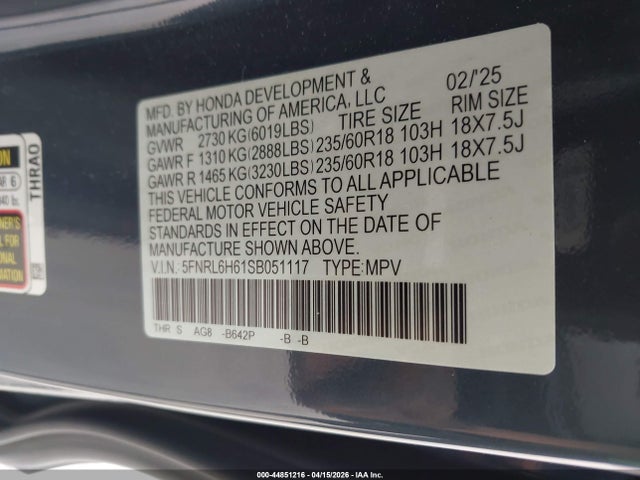 2025 Honda Odyssey Ex-l მანქანა იყიდება აუქციონზე, vin: 5FNRL6H61SB051117, აუქციონის ნომერი: 44851216