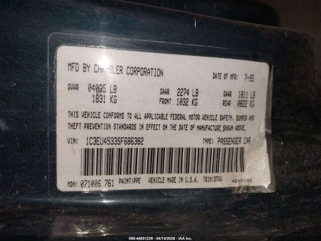 Aukcja sprzedaży 1995 Chrysler Lebaron Gtc, vin: 1C3EU4533SF686382, numer aukcji: 44851226
