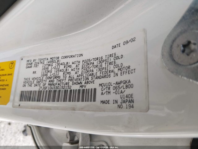 44851230 :رقم المزاد ، JTJGF10U330152152 vin ، 2003 Lexus Rx 300 مزاد بيع