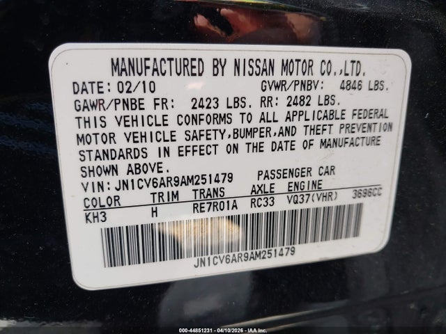 Aukcja sprzedaży 2010 Infiniti G37x, vin: JN1CV6AR9AM251479, numer aukcji: 44851231