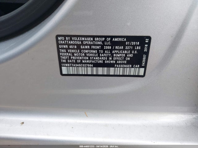 Aukcja sprzedaży 2016 Volkswagen Passat 1.8t Se, vin: 1VWBT7A34GC027564, numer aukcji: 44851233