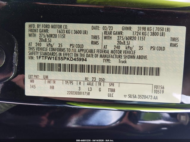 Aukcja sprzedaży 2023 Ford F-150 Lariat, vin: 1FTFW1E55PKD45994, numer aukcji: 44851235