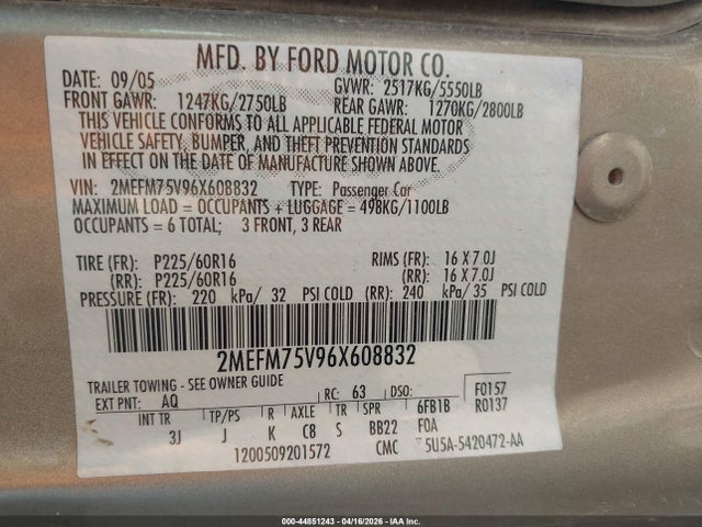 2006 Mercury Grand Marquis Ls მანქანა იყიდება აუქციონზე, vin: 2MEFM75V96X608832, აუქციონის ნომერი: 44851243