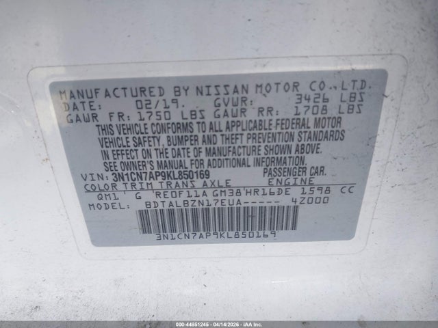 2019 Nissan Versa 1.6 Sv მანქანა იყიდება აუქციონზე, vin: 3N1CN7AP9KL850169, აუქციონის ნომერი: 44851245
