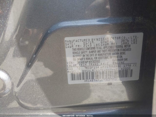 44851246 :رقم المزاد ، 3N1AB7AP1KY302993 vin ، 2019 Nissan Sentra Sr مزاد بيع