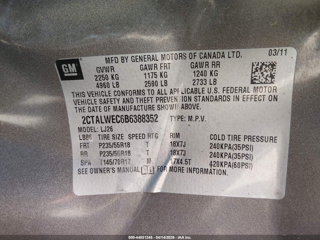 Продаж на аукціоні авто 2011 Gmc Terrain Slt-2, vin: 2CTALWEC6B6388352, номер лоту: 44851248