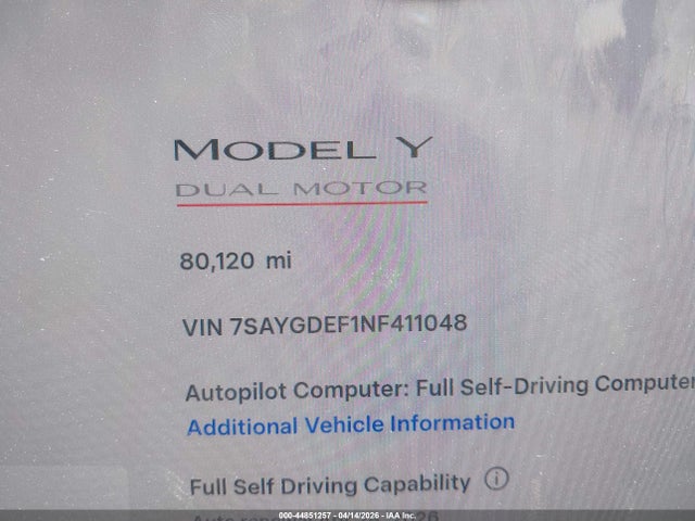2022 Tesla Model Y Performance Dual Motor All-wheel Drive მანქანა იყიდება აუქციონზე, vin: 7SAYGDEF1NF411048, აუქციონის ნომერი: 44851257