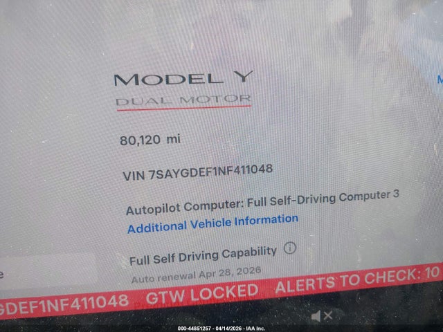 2022 Tesla Model Y Performance Dual Motor All-wheel Drive მანქანა იყიდება აუქციონზე, vin: 7SAYGDEF1NF411048, აუქციონის ნომერი: 44851257