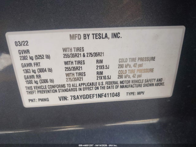 2022 Tesla Model Y Performance Dual Motor All-wheel Drive მანქანა იყიდება აუქციონზე, vin: 7SAYGDEF1NF411048, აუქციონის ნომერი: 44851257