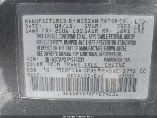 3N1AB7APXFY274231 Nissan Sentra Fe+ S/s/sl/sr/sv