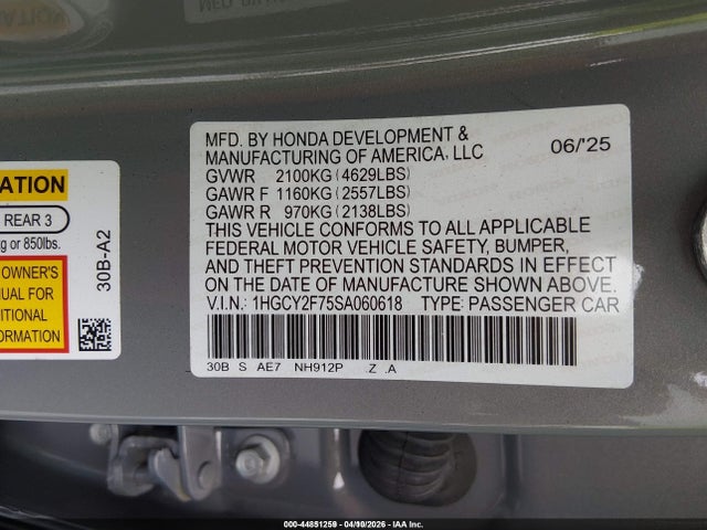 44851259 :رقم المزاد ، 1HGCY2F75SA060618 vin ، 2025 Honda Accord Hybrid Sport-l مزاد بيع