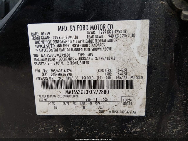 Продажа на аукционе авто 2019 Ford Ecosport Se, vin: MAJ6S3GL3KC272880, номер лота: 44851284