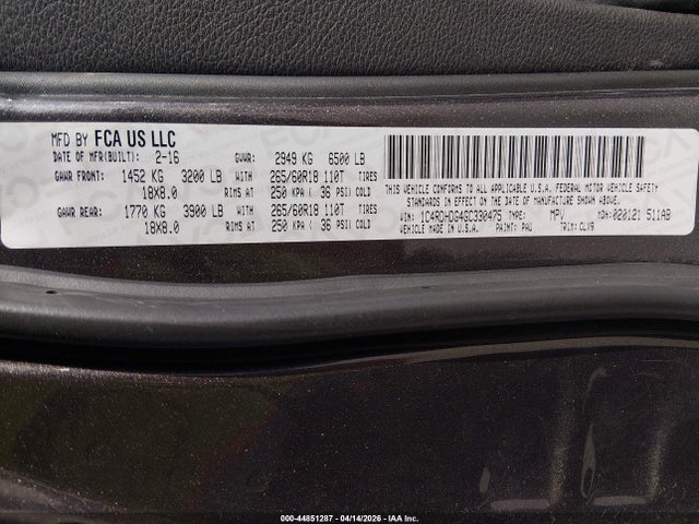 44851287 :رقم المزاد ، 1C4RDHDG4GC330475 vin ، 2016 Dodge Durango Limited مزاد بيع