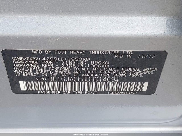 44851288 :رقم المزاد ، JF1GJAC68DH014694 vin ، 2013 Subaru Impreza 2.0i Premium مزاد بيع