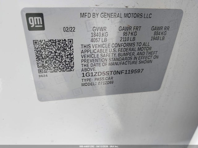 44851292 :رقم المزاد ، 1G1ZD5ST0NF119597 vin ، 2022 Chevrolet Malibu Fwd Lt مزاد بيع