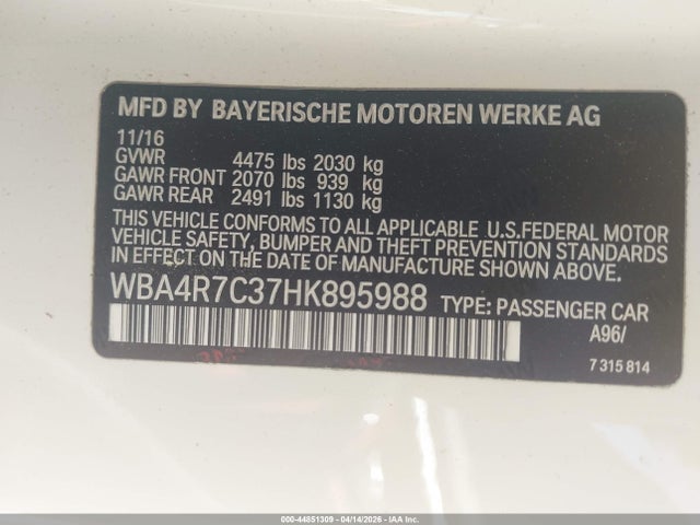 44851309 :رقم المزاد ، WBA4R7C37HK895988 vin ، 2017 Bmw 430i مزاد بيع