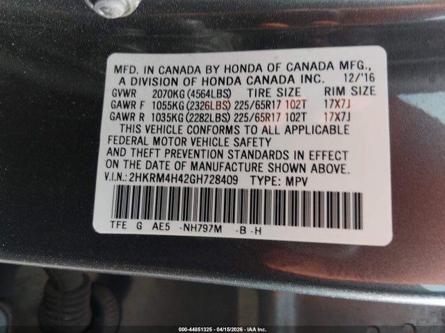 2016 Honda Cr-v Se მანქანა იყიდება აუქციონზე, vin: 2HKRM4H42GH728409, აუქციონის ნომერი: 44851325