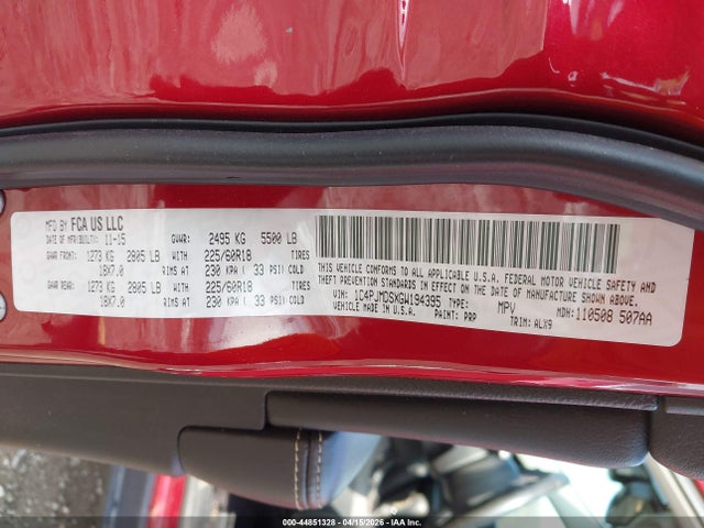 44851328 :رقم المزاد ، 1C4PJMDSXGW194395 vin ، 2016 Jeep Cherokee Limited مزاد بيع