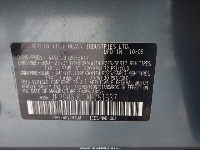 2010 Subaru Forester 2.5x Limited მანქანა იყიდება აუქციონზე, vin: JF2SH6DC1AH751637, აუქციონის ნომერი: 44851329
