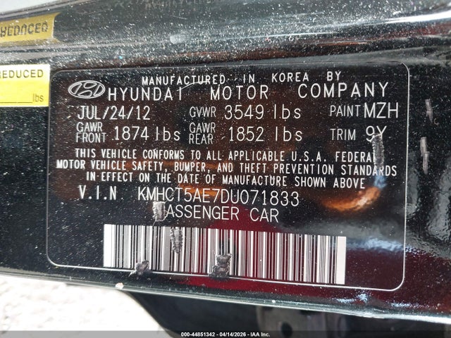 Продаж на аукціоні авто 2013 Hyundai Accent Gs, vin: KMHCT5AE7DU071833, номер лоту: 44851342