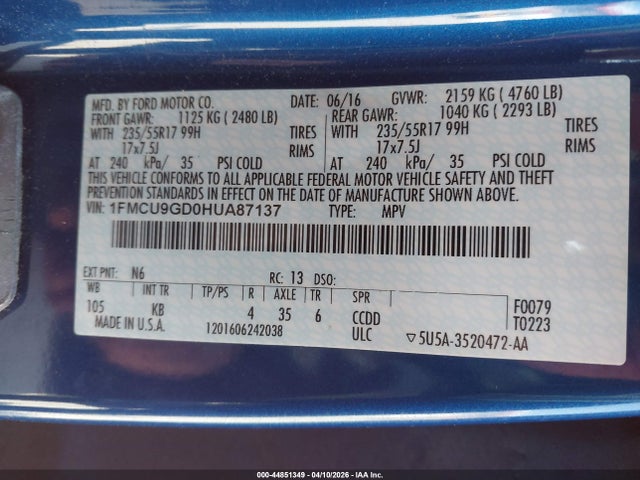 Продажа на аукционе авто 2017 Ford Escape Se, vin: 1FMCU9GD0HUA87137, номер лота: 44851349