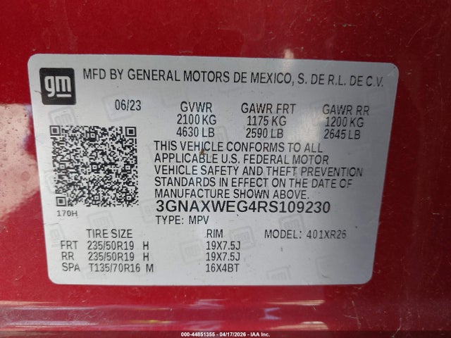 Продажа на аукционе авто 2024 Chevrolet Equinox Awd Rs, vin: 3GNAXWEG4RS109230, номер лота: 44851355