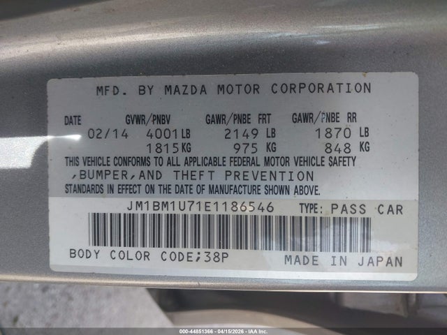 Продажа на аукционе авто 2014 Mazda Mazda3 I Sport, vin: JM1BM1U71E1186546, номер лота: 44851366