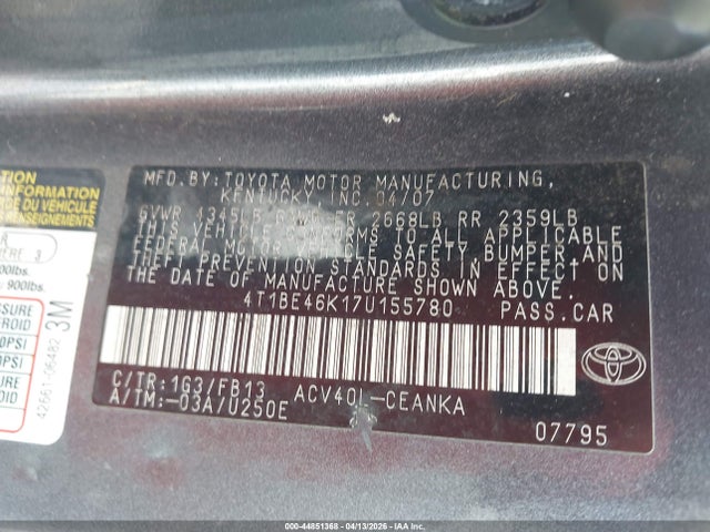 44851368 :رقم المزاد ، 4T1BE46K17U155780 vin ، 2007 Toyota Camry Le مزاد بيع