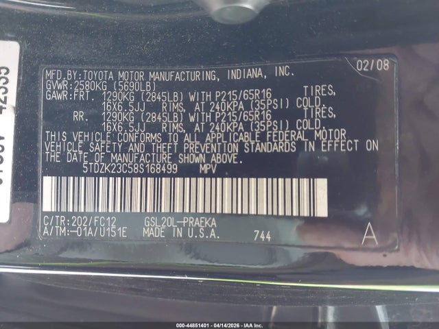 2008 TOYOTA SIENNA 5TDZK23C58S168499 Photo 8