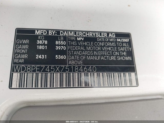 2007 Dodge Sprinter Wagon 2500 მანქანა იყიდება აუქციონზე, vin: WD8PE745X75184640, აუქციონის ნომერი: 44851411