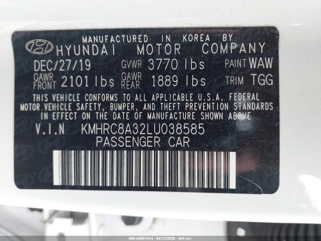 2020 Hyundai Venue Sel მანქანა იყიდება აუქციონზე, vin: KMHRC8A32LU038585, აუქციონის ნომერი: 44851414