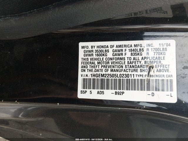 Продаж на аукціоні авто 2005 Honda Civic Lx, vin: 1HGEM22505L023011, номер лоту: 44851415