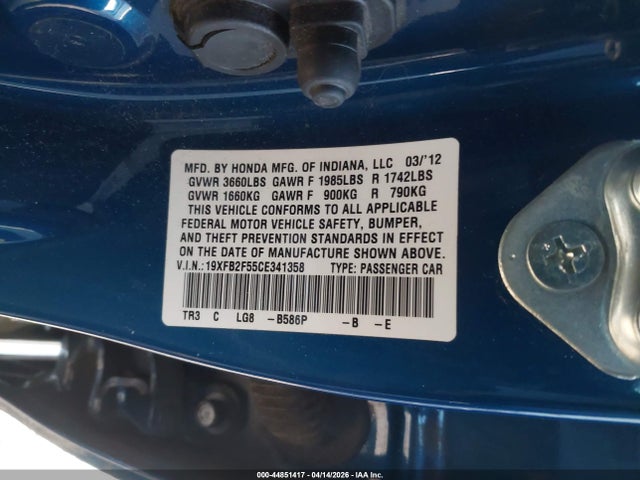 Продаж на аукціоні авто 2012 Honda Civic Lx, vin: 19XFB2F55CE341358, номер лоту: 44851417
