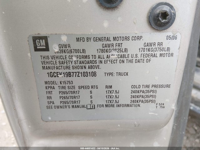 Продаж на аукціоні авто 2007 Chevrolet Silverado 1500 Classic Ls, vin: 1GCEK19B77Z103108, номер лоту: 44851422