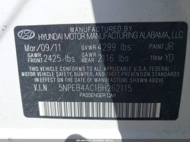 Продажа на аукционе авто 2011 Hyundai Sonata Gls, vin: 5NPEB4AC1BH262115, номер лота: 44851438