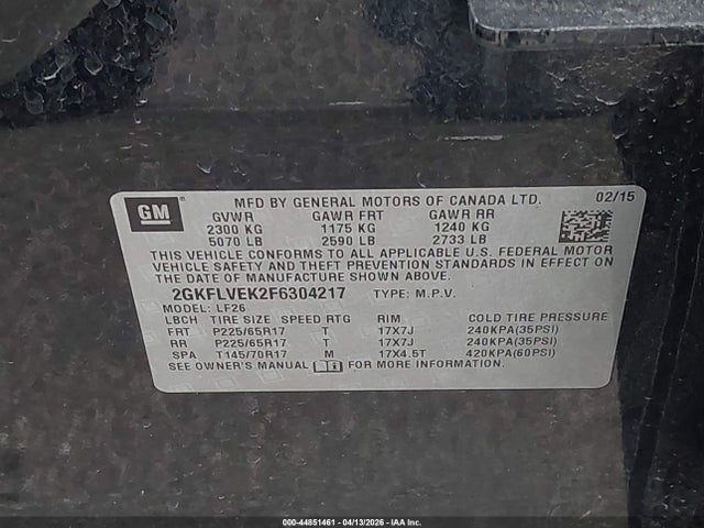 2015 Gmc Terrain Sle-1 მანქანა იყიდება აუქციონზე, vin: 2GKFLVEK2F6304217, აუქციონის ნომერი: 44851461