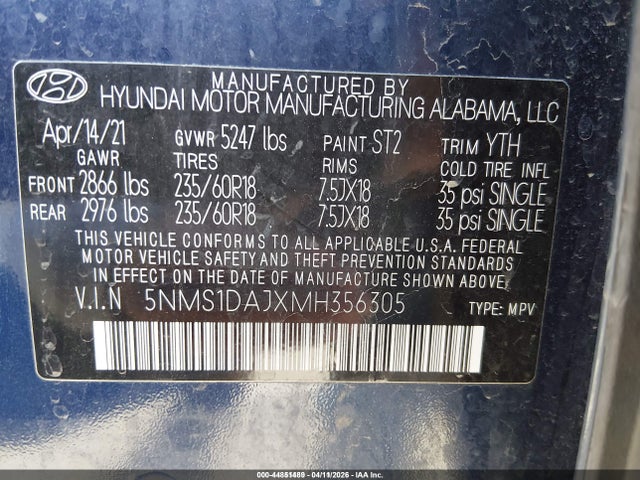 2021 HYUNDAI SANTA FE 5NMS1DAJXMH356305 Photo 8