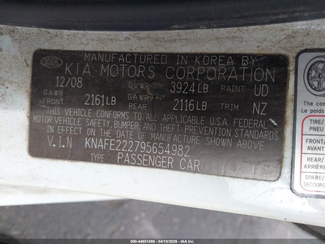 44851498 :رقم المزاد ، KNAFE222795654982 vin ، 2009 Kia Spectra Ex مزاد بيع