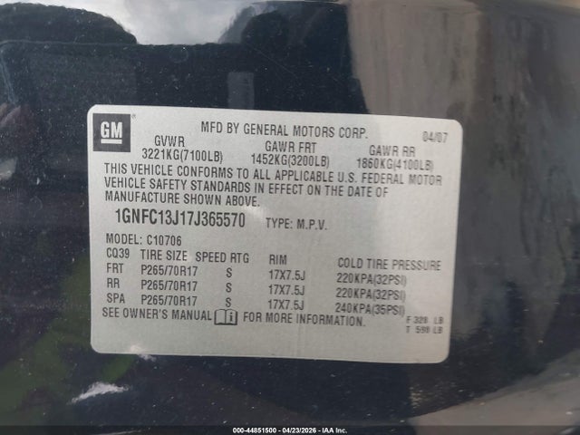 2007 Chevrolet Tahoe Lt მანქანა იყიდება აუქციონზე, vin: 1GNFC13J17J365570, აუქციონის ნომერი: 44851500