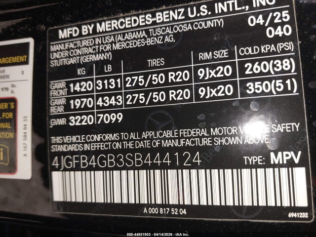 Aukcja sprzedaży 2025 Mercedes-benz Gle 450e 4matic, vin: 4JGFB4GB3SB444124, numer aukcji: 44851503