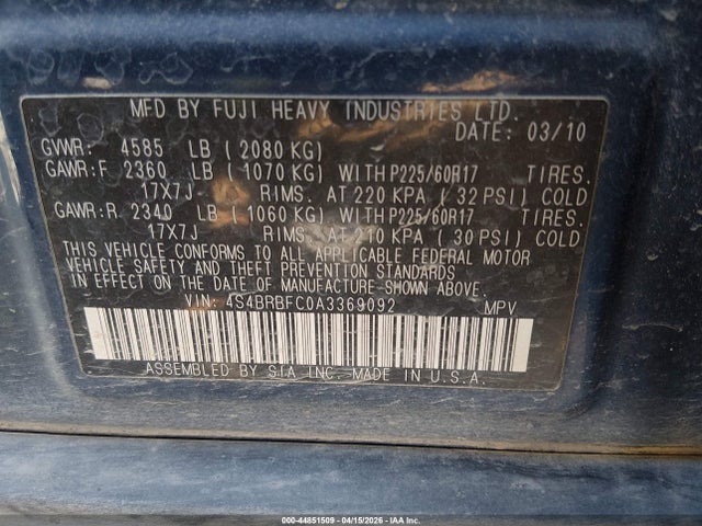 2010 Subaru Outback 2.5i Premium მანქანა იყიდება აუქციონზე, vin: 4S4BRBFC0A3369092, აუქციონის ნომერი: 44851509