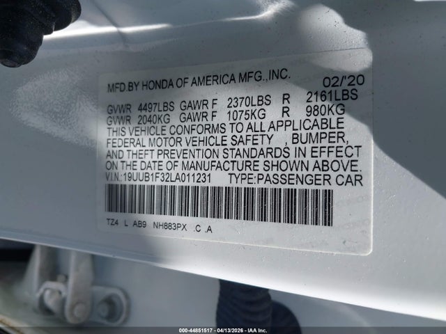Auction sale of the 2020 Acura Tlx Standard, vin: 19UUB1F32LA011231, lot number: 44851517